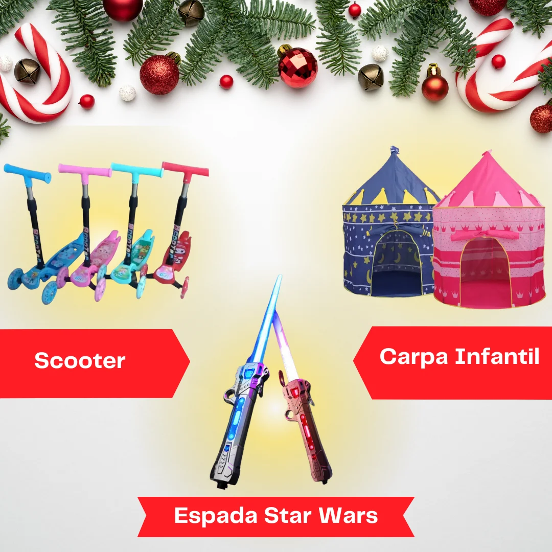 foto de los juguetes de scooter, espada star wars y carpa infantil